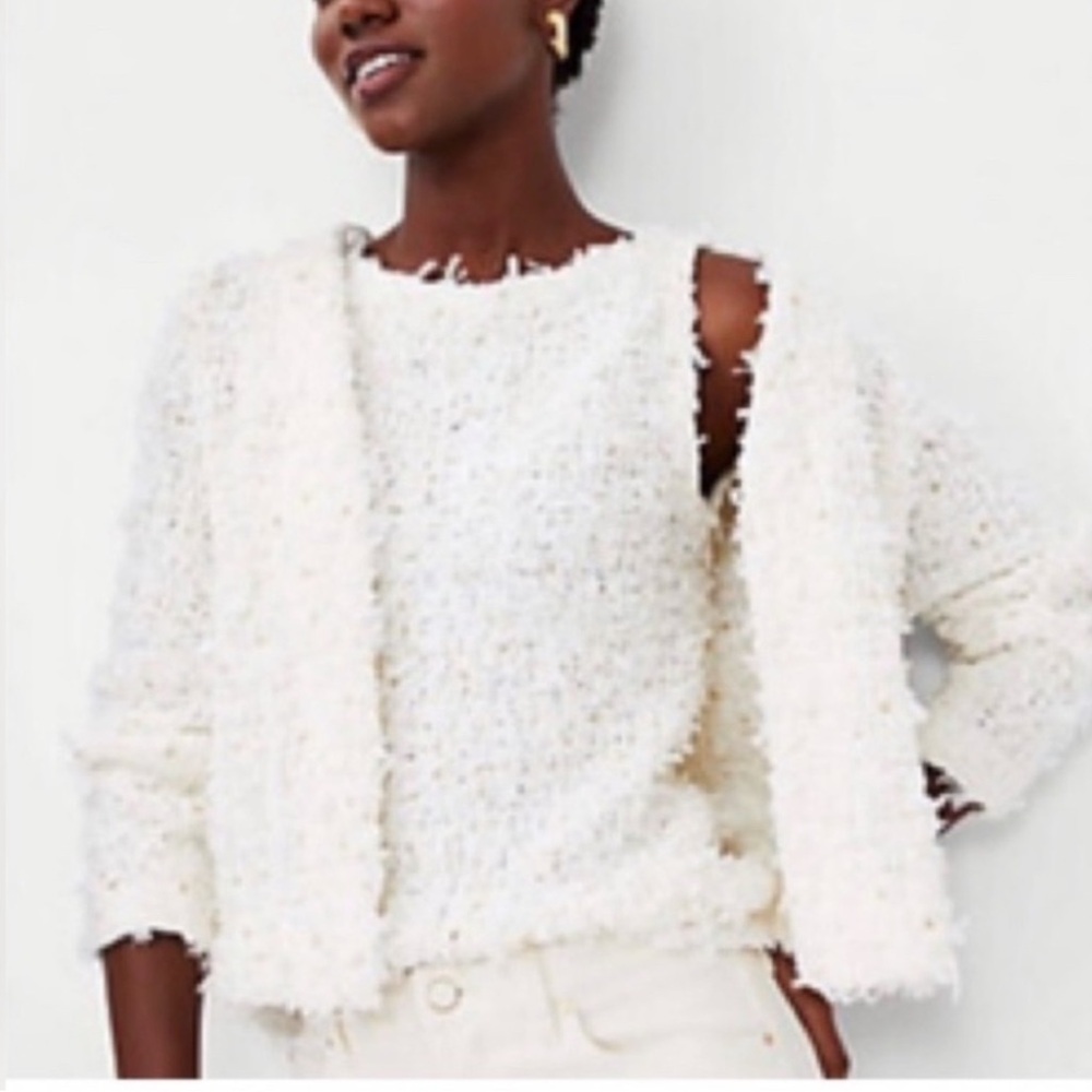Ann Taylor shimmer tweed textured sweater shell with gold sparkle detail